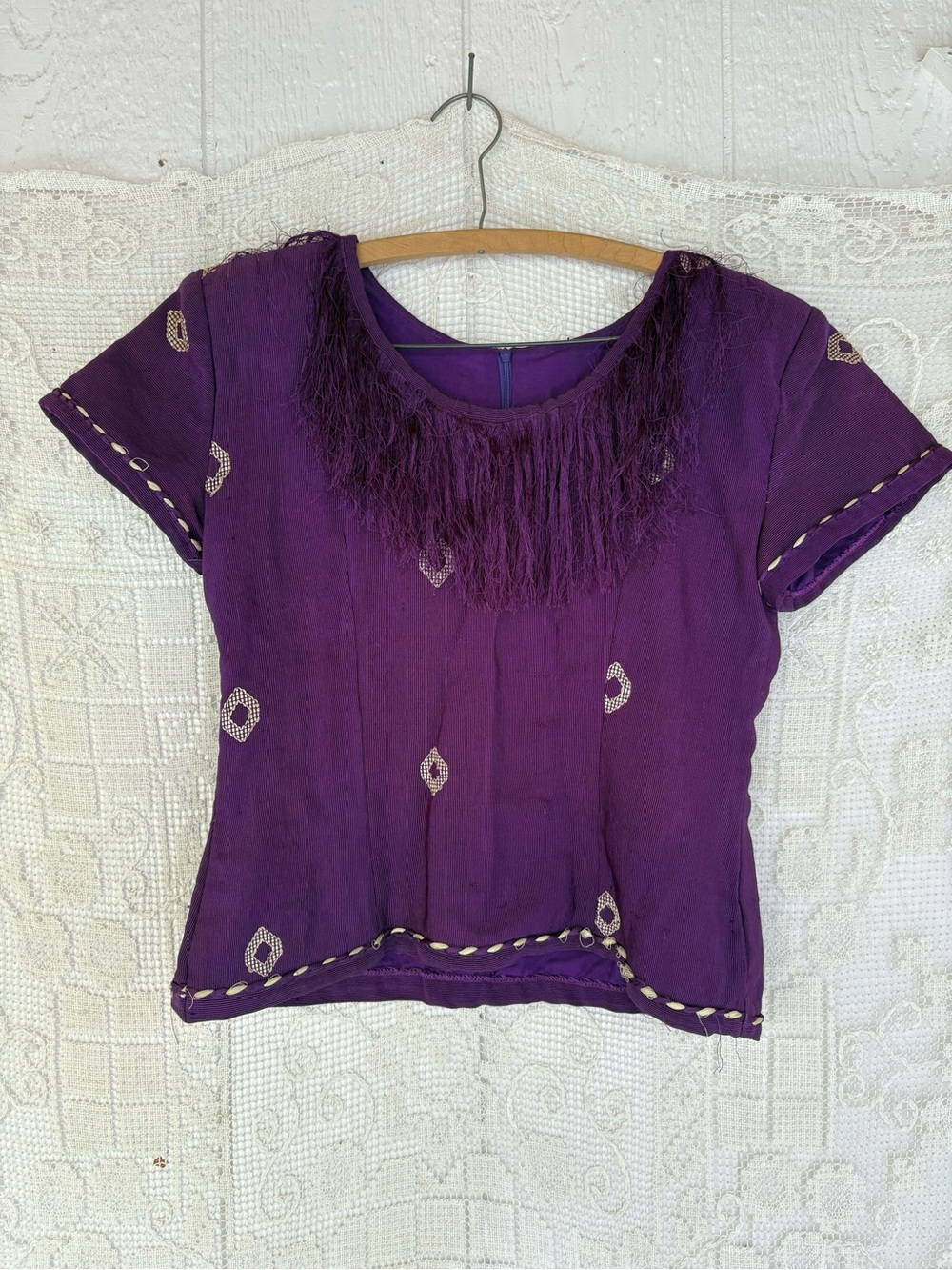Vintage Purple Top Heavy Cotton Fabric With Fringe and decorative stitching